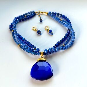 Cobalt Blue Glass Faceted Pendant Necklace & Earrings Set Triple Beaded Strands